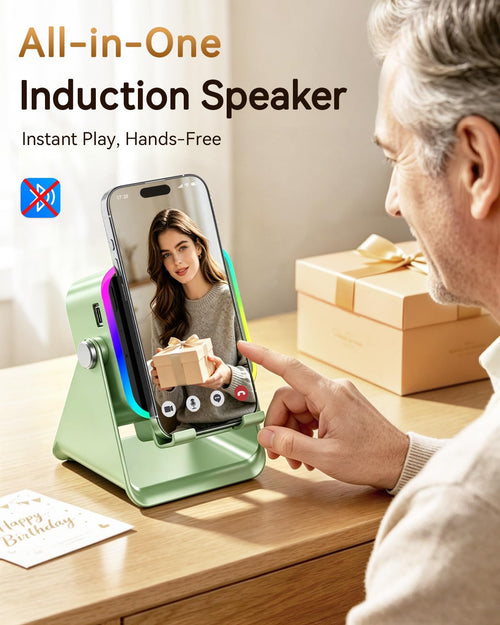 5‑in‑1 Inductive Phone Speaker Stand, No‑Pairing Instant Sound Desktop Phone Holder with RGB Ambient Light, Adjustable Angle Smartphone Stand for Desk