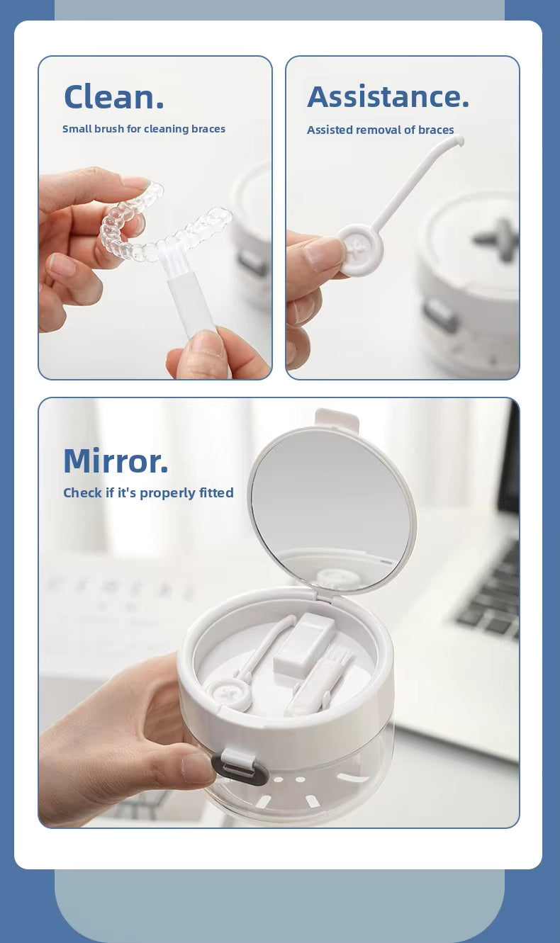 3-in-1 Liftable Invisible Aligner Storage Case, with Mirror & Drain Tray, Universal for Retainers & Dentures